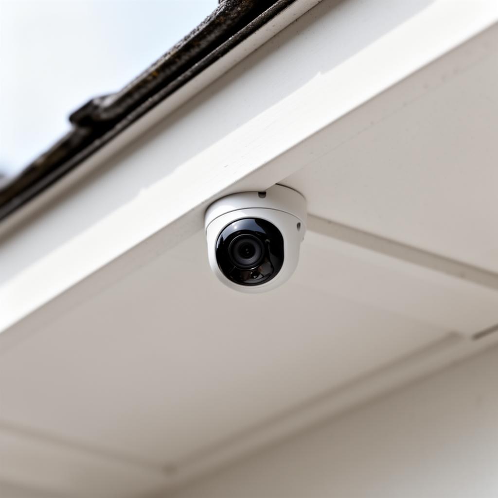 Discreet surveillance camera mounted on a clean white eaves