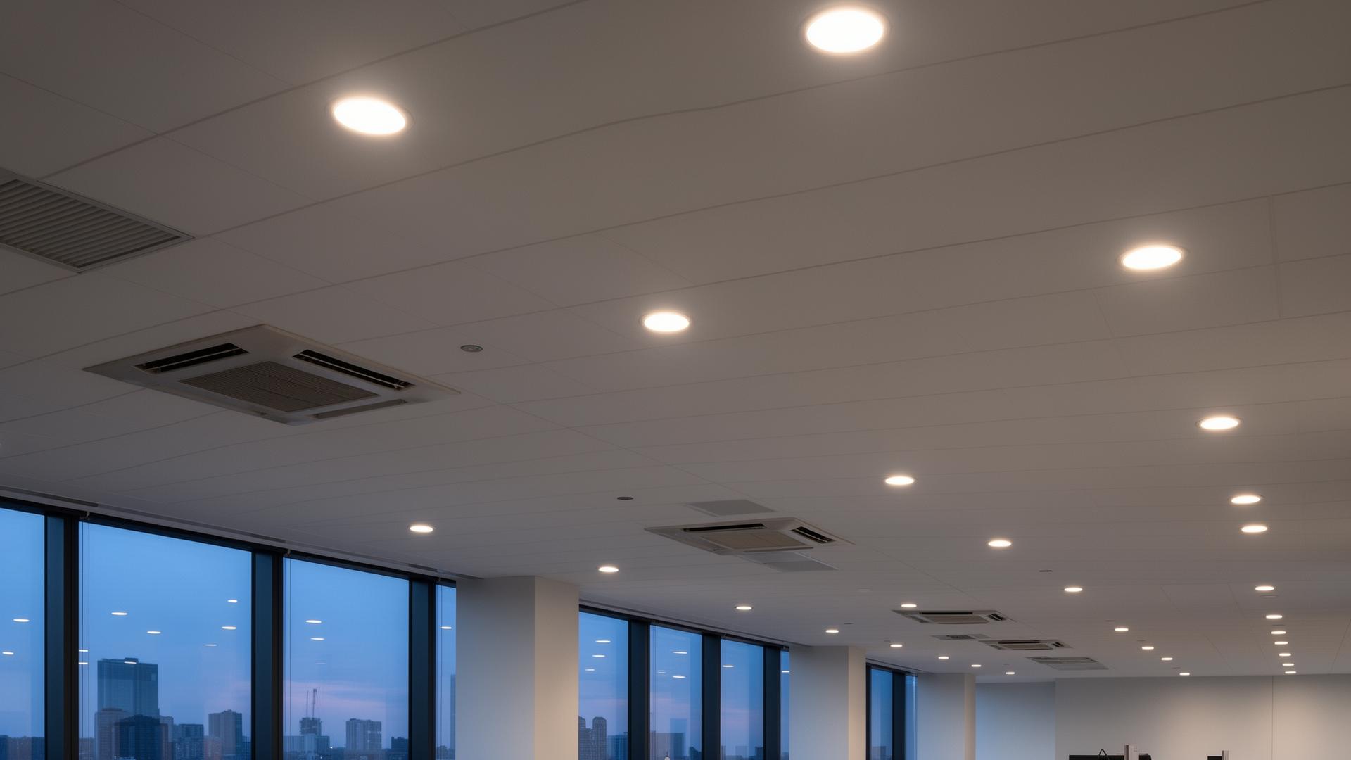 Modern commercial ceiling with recessed LEDs and ducted air conditioning